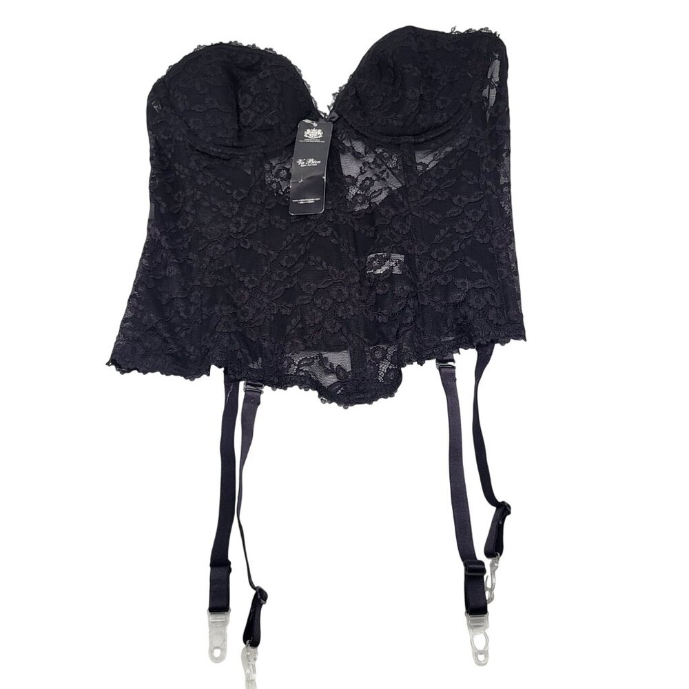 VA BIEN Womens 38B Black Lace Bustier with garters Low Back Sexy Boudoir Goth